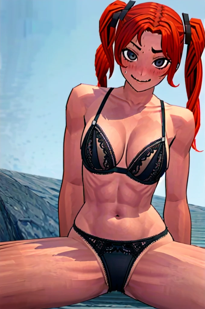 Twintail, red haired, 1girl, grey eyes, tall, well toned, well built, muscled, toned muscles, red highlights, pigtails, beach, , black , pov, sit, looks at the viewer, , blushing, sweating, (Jillin' off:1.2), stockings, (ahego:1.5) ,At school, frontal, black short skirt, bag, smiling, abusive, super detailed, 4k, (black lingerie:1.5)
