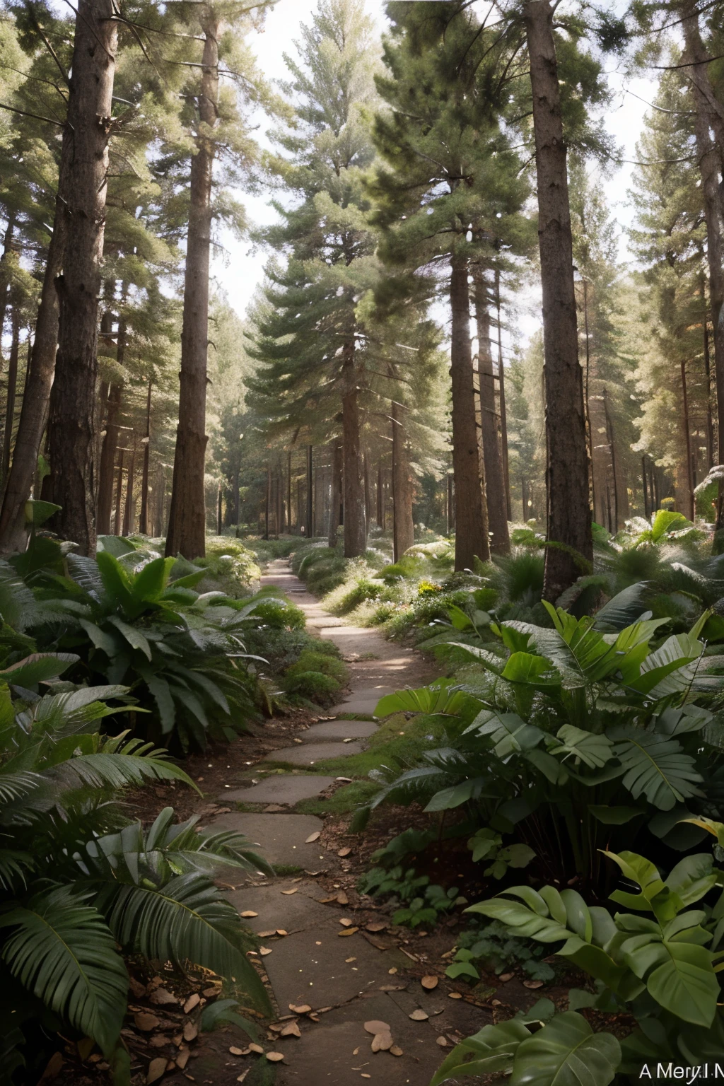 Beautiful hyper-realistic and super-detailed background that shows the vegetation of a virgin forest with exotic, large-leaved plants,