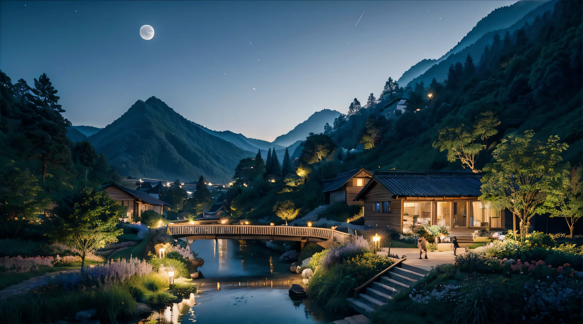 A masterpiece, a bamboo forest, a field, an 18-year-old beautiful girl wearing a kimono, a starry sky, the moon, bamboo, a deep view, many stars, a night view, a simple small old folk house, a mountain, a river, a bridge, a magic tree, a fantasy valley, Bamboo forest, magical world, colorful and detailed dreamscape, beautifully detailed fantasy, flowers