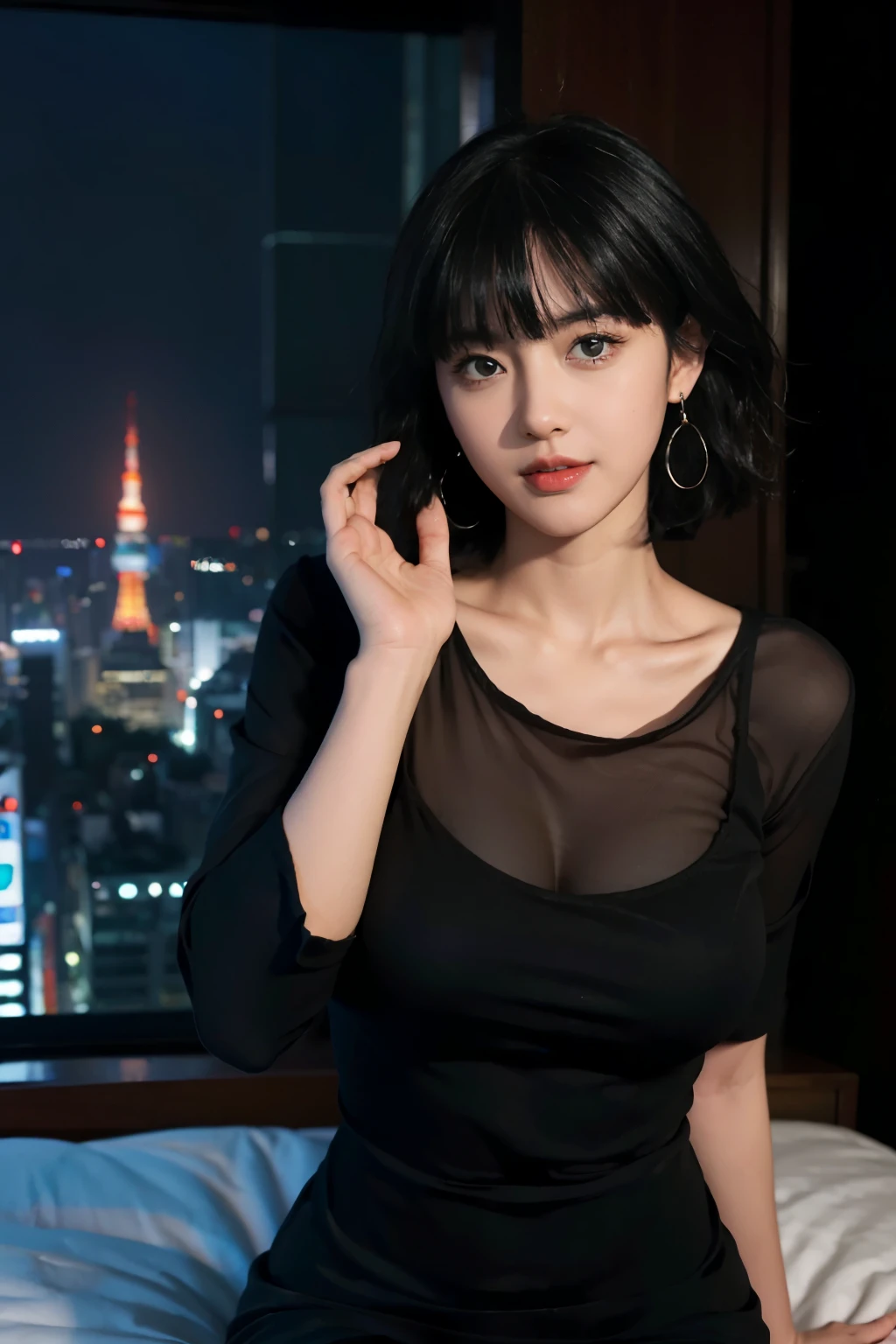 (highest quality,masterpiece:1.3,Ultra-high resolution),(Super detailed,Caustics,8k), (Photorealistic:1.4, RAW shooting),darkness,On stage,Japanese,20-year-old,smile,Natural Makeup,Black Hair Middle Hair,Black Shirt,Big Breasts,Spotlight,Waist up shot