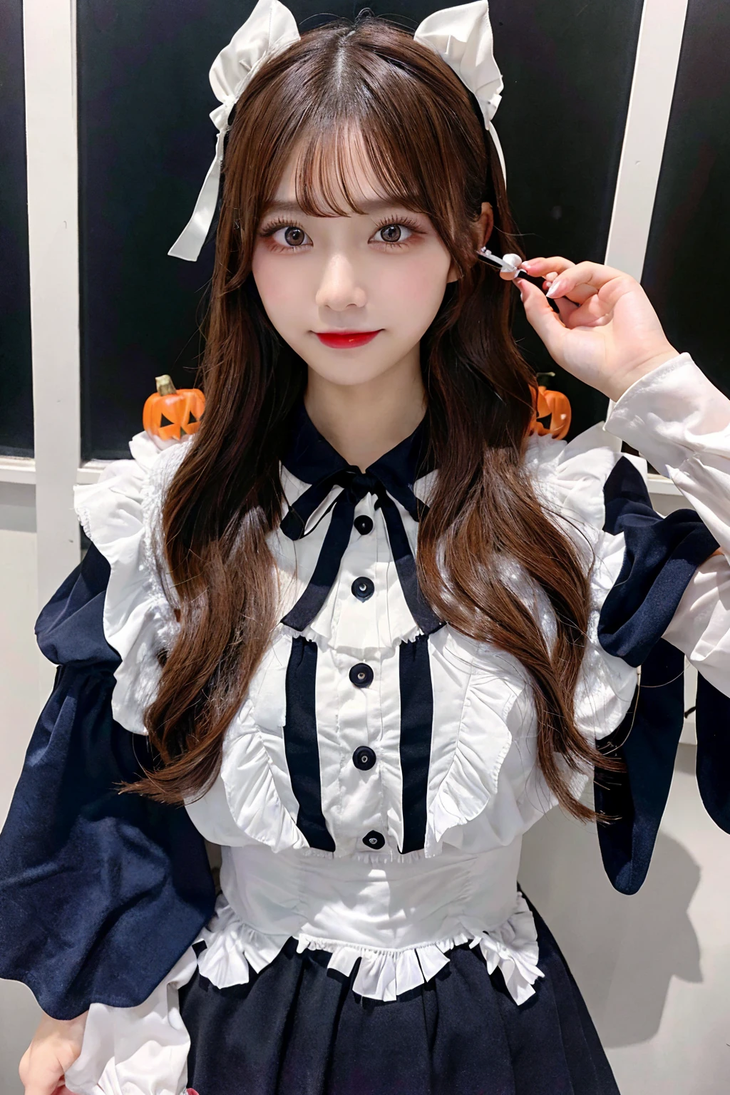 Halloween、Halloween Costumes、****ta、((highest quality、8K、masterpiece:1.3))、sharp focus:1.2、photo quality、japanese woman、solo、real looking skin、lifelike face、brown haired、camera、Full body Esbian、eyelash、tear bag、laughter、************