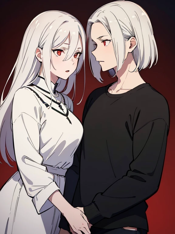 (best quality, highres, ultra-detailed:1.2), realistic, painting, detailed faces, couple, man pale skin, cuernos negros short white hair, red eyes, casual clothing, woman fox pale skin, long silver hair, red eyes, casual clothing, fox-like appearance