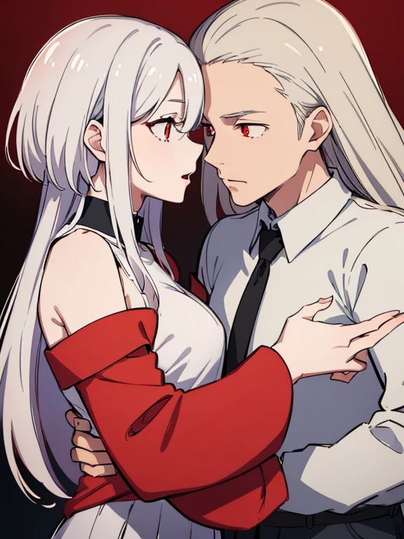 (best quality, highres, ultra-detailed:1.2), realistic, painting, detailed faces, couple, man pale skin, cuernos negros short white hair, red eyes, casual clothing, woman fox pale skin, long silver hair, red eyes, casual clothing, fox-like appearance