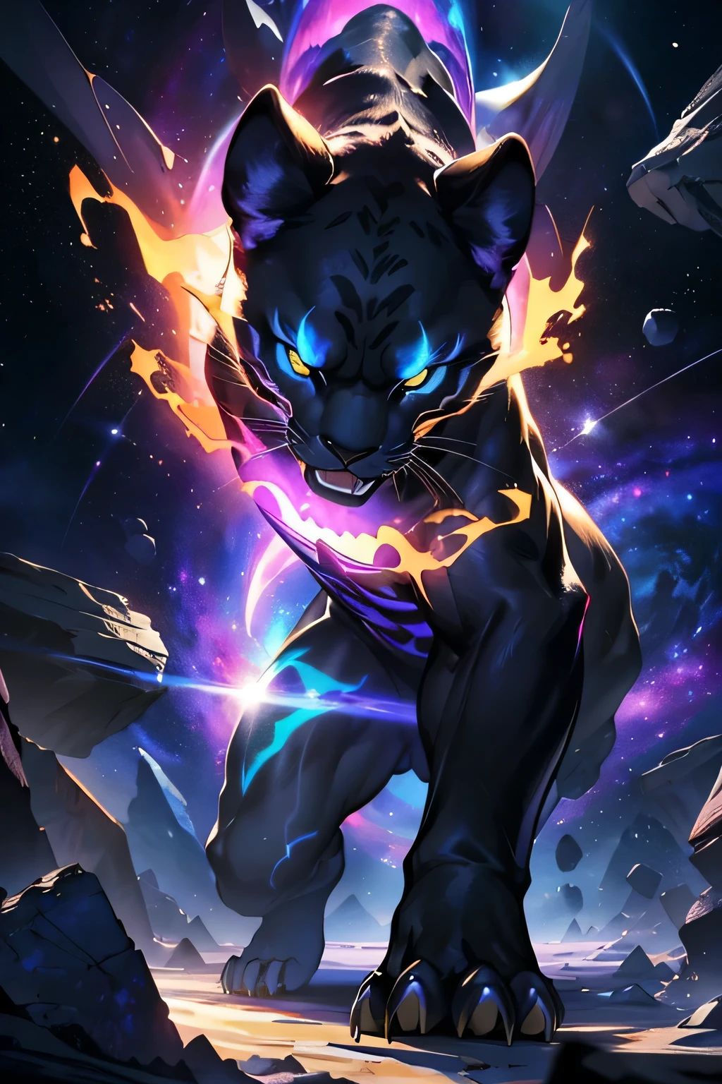 best quality,4k,high-res,masterpiece:1.2,ultra-detailed,realistic,photorealistic:1.37,space panther,powerful claws,ferocious expression,galaxy background,enormous planet,crumbling rocks,big black hole,fierce impact,vibrant colors,stunning lighting