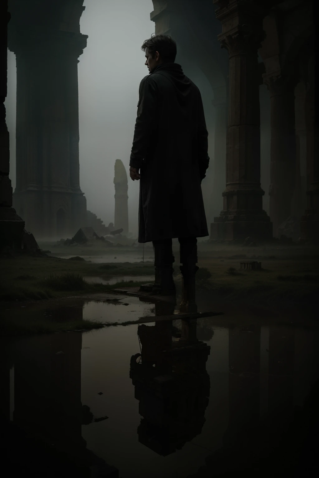 A small man, with weary eyes and a furrowed brow, stands amidst the immensity of a long-forgotten world, a relic of an ancient alien civilization. He is a traveler of realms, a wanderer of the cosmos, gazing up at the monumental and grandiose ruins that stretch before him. The scene is shrouded in a thick, mystical fog, adding an air of cinematographic enchantment and mystery. The loneliness of the man is palpable, as he is the only sign of life in this forsaken place. The atmosphere is dark and sad, the ruins bearing the weight of time and neglect. The civilization,