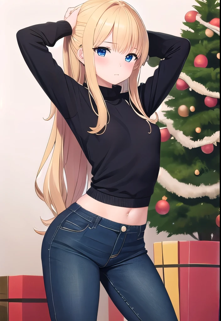 masterpiece,best quality,ultra detail,girl, 14 year old, black jeans sweater, christmas tree, blonde hair, blue eyes, long hair, arms up, blush, wide hips, small breasts