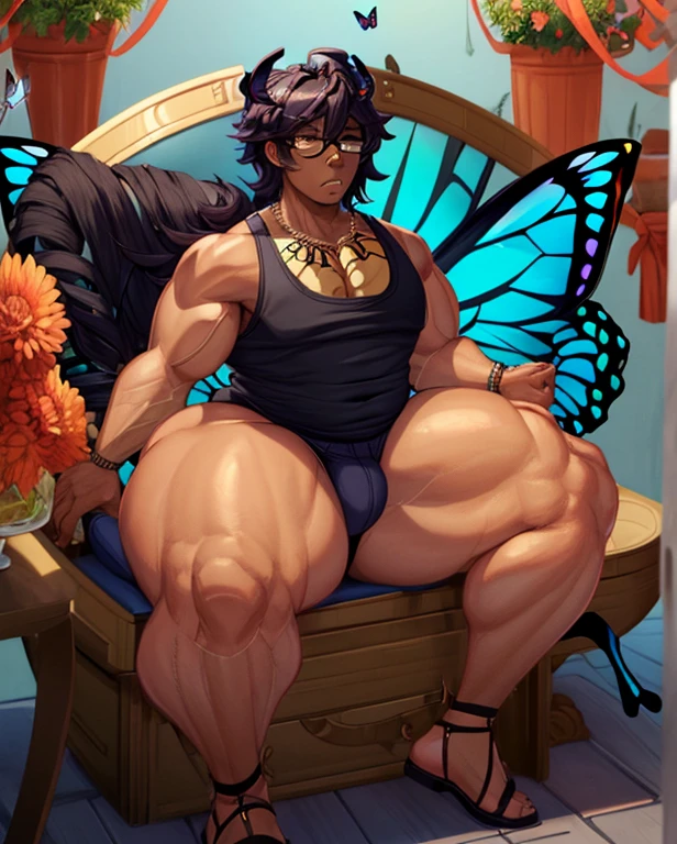 1boy, 1femboy, ((mommy)), ((dark skin)), (((butterfly hair))), (((tank top))), ((goddess)), ((((massive chest)))), ((((massive ass)))), (((thick thighs))), (((black glasses)))