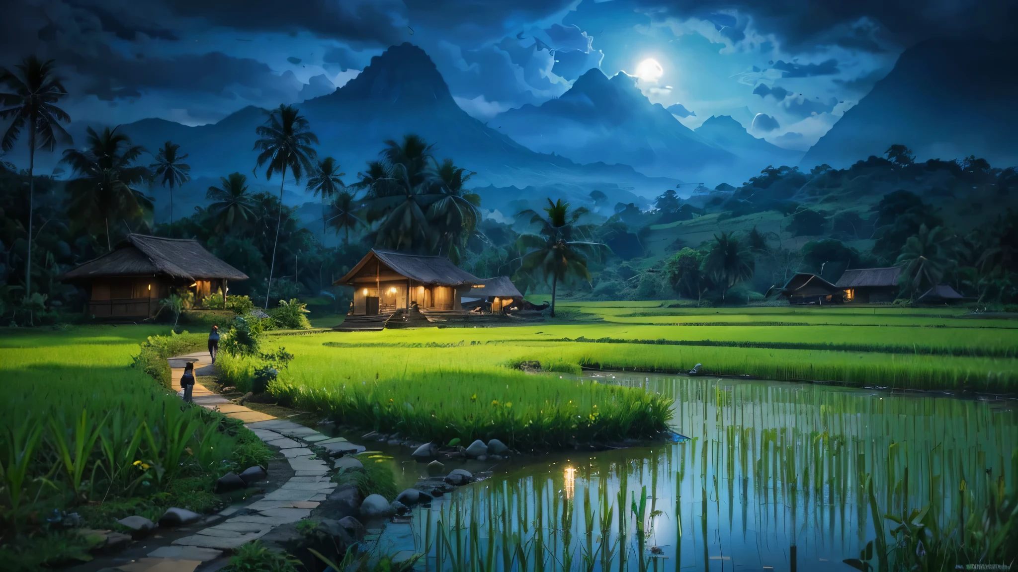 Pemandangan di Jawa barat tahun 1800, rumah kayu sederhana di tepi sungai yang deras berbatu yang air nya biru. banyak rumpun bambu besar, pohon-pohon tropis besar dan lebat, foliage yang rimbun, bark, ada pohon yang mati, ada daun yang menguning. latar belakang gunung berapi berkabut, cahaya matahari yang dramatis, muted pallete color.