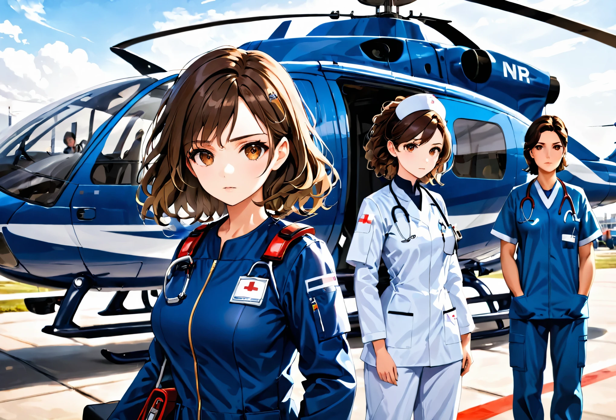 high contrast, 1girl, solo, young, brunette hair, wavy hair, shoulder-length hair, brown eyes, looking forward, serious expression, wearing a dark blue pilot's suit, holding a helmet, standing near a medical helicopter, about to board, stretcher with a patient and doctor and nurse visible in the distance, focused and professional pose, upper body