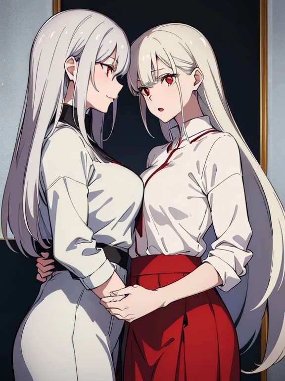 (best quality, highres, ultra-detailed:1.2), realistic, painting, detailed faces, couple, man pale skin, cuernos black short white hair, red eyes, casual clothing, woman fox pale skin, long silver hair, red eyes, casual clothing, fox-like appearance