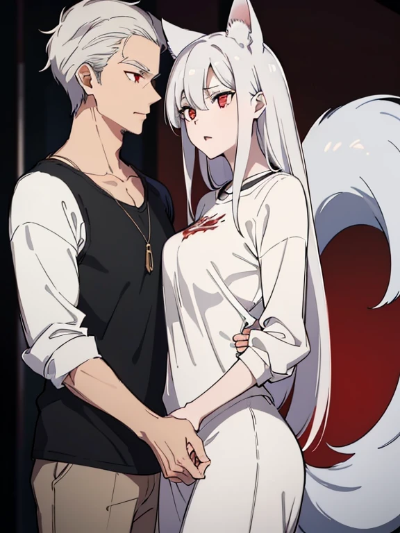 (best quality, highres, ultra-detailed:1.2), realistic, painting, detailed faces, couple, man pale skin, cuernos black short white hair, red eyes, casual clothing, woman fox pale skin, long silver hair, red eyes, casual clothing, fox-like appearance