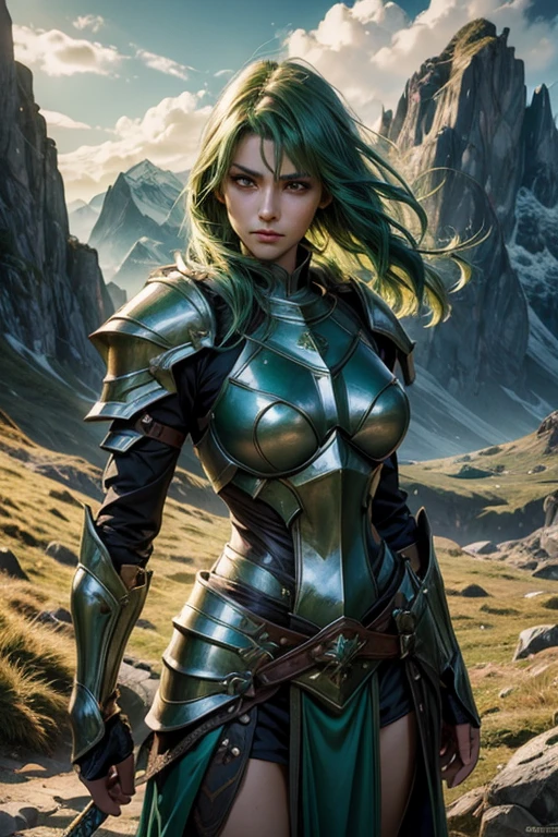 (a girl,a green haired paladin),illustration,full of energy,heroic,fierce,journey,ancient sword,armor,shield,beautiful detailed eyes,strong physique,confident expression,peaceful background,mountain scenery,dramatic lighting,vibrant colors,highres,concept art,adventure