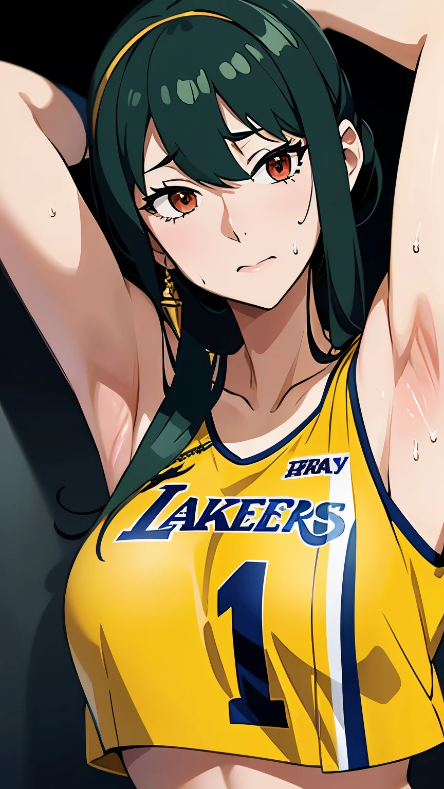 a close up of a person wearing a basketball uniform, a picture, inspired by Kentaro Miura, trending on pixiv, Yor Forger, Spy x Family, wearing yellow nba jersey, yellow croptop nba jersey, wearing a low cut croptop, wearing croptop, croptop, the words "Lakers" written on the croptop, golden raito, (winking), shirobako, large)}], favorite scene, fine details. anime. skins, sweating, big breasts, both hands raised, armpits, armpits visible, dripping with sweat, more more sweat, sweaty armpits