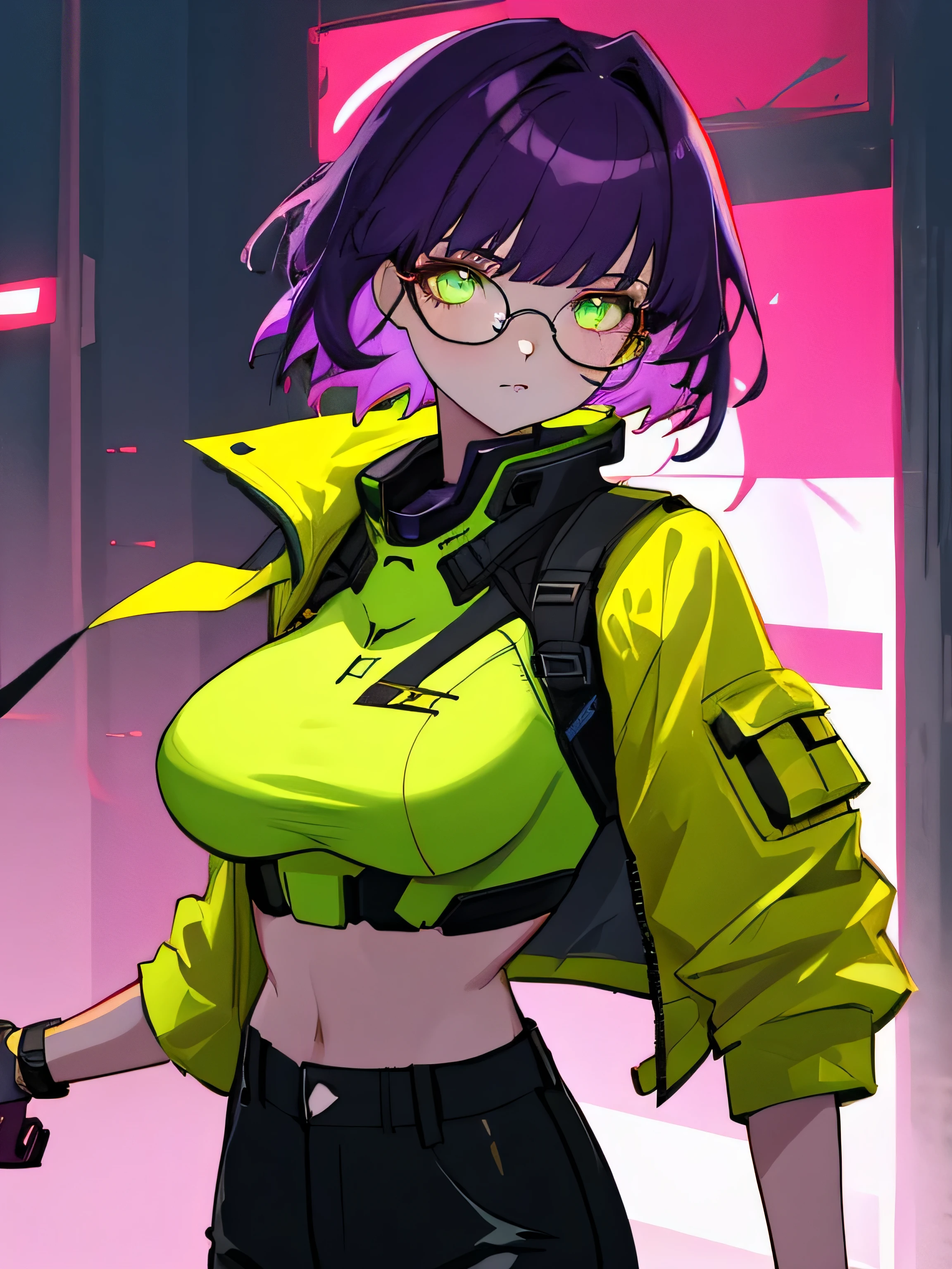 (masterpiece, best quality, absurdres, very detailed eyes), 1girl, solo, solofocus, large breasts, purple hair, short hair, green eyes, bangs, closeup, gold jacket, black pants, night, outside, neon, skyscrapers, gun, neon glowing glasses, tattoos