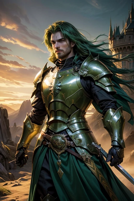 (a man, green-haired paladin), oil painting, detailed armor, elegant sword, courageous stance, epic battle, majestic castle, mystical aura, shining shield, radiant light, heroic expression, fierce determination, glorious victory, rugged landscape, golden sunset, atmospheric lighting, dynamic brushstrokes, rich textures, vibrant colors, masterful shading, dramatic composition