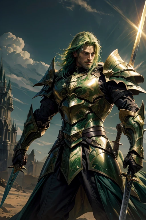 (a man, green-haired paladin), oil painting, detailed armor, elegant sword, courageous stance, epic battle, majestic castle, mystical aura, shining shield, radiant light, heroic expression, fierce determination, glorious victory, rugged landscape, golden sunset, atmospheric lighting, dynamic brushstrokes, rich textures, vibrant colors, masterful shading, dramatic composition