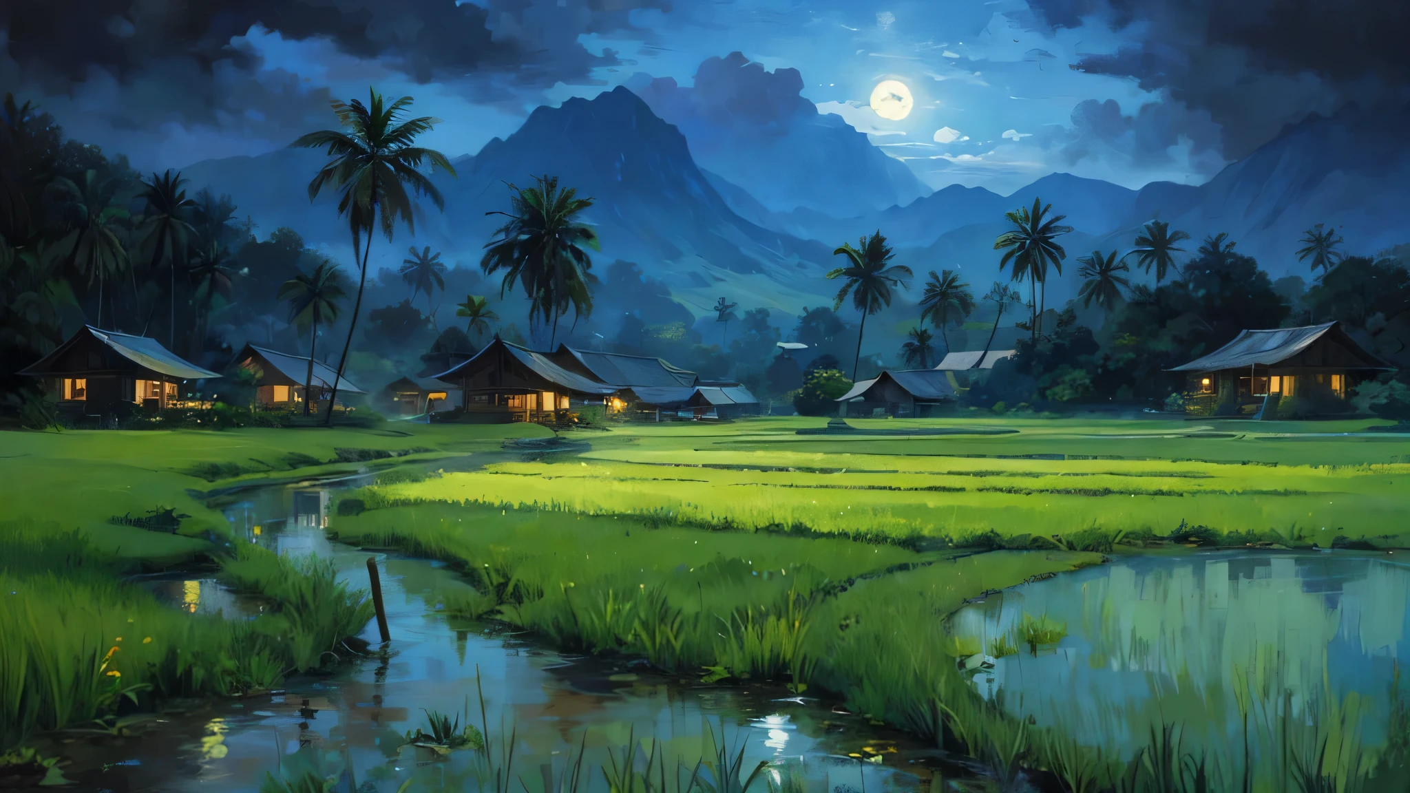 Pemandangan di Jawa barat tahun 1800, rumah kayu sederhana di tepi sungai yang deras berbatu yang air nya biru. banyak rumpun bambu besar, pohon-pohon tropis besar dan lebat, foliage yang rimbun, bark, ada pohon yang mati, ada daun yang menguning. latar belakang gunung berapi berkabut, cahaya matahari yang dramatis, muted pallete color.