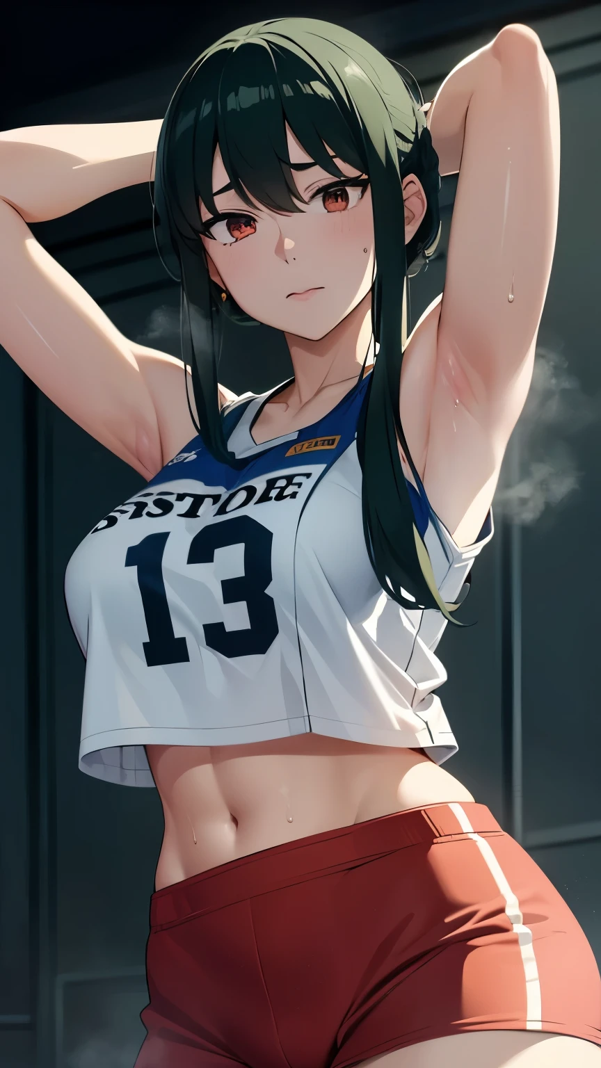 a close up of a person wearing a basketball uniform, a picture, inspired by Kentaro Miura, trending on pixiv, Yor Forger, Spy x Family, wearing yellow nba jersey, yellow croptop nba jersey, wearing a low cut croptop, wearing croptop, croptop, the words "Lakers" written on the croptop, golden raito, (winking), shirobako, large)}], favorite scene, fine details. anime. skins, sweating, big breasts, both hands raised, armpits, armpits visible, dripping with sweat, more more sweat, sweaty armpits