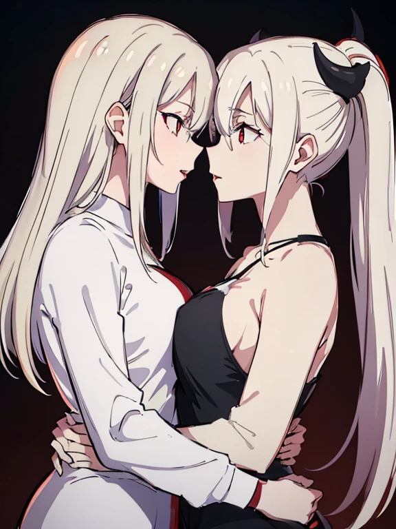 (best quality, highres, ultra-detailed:1.2), realistic, painting, detailed faces, couple, man demon pale skin, short white hair, red eyes, casual clothing, woman fox pale skin, long silver hair, red eyes, casual clothing, fox-like appearance