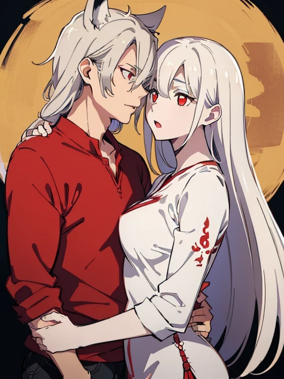 (best quality, highres, ultra-detailed:1.2), realistic, painting, detailed faces, couple, man demon pale skin, short white hair, red eyes, casual clothing, woman fox pale skin, long silver hair, red eyes, casual clothing, fox-like appearance