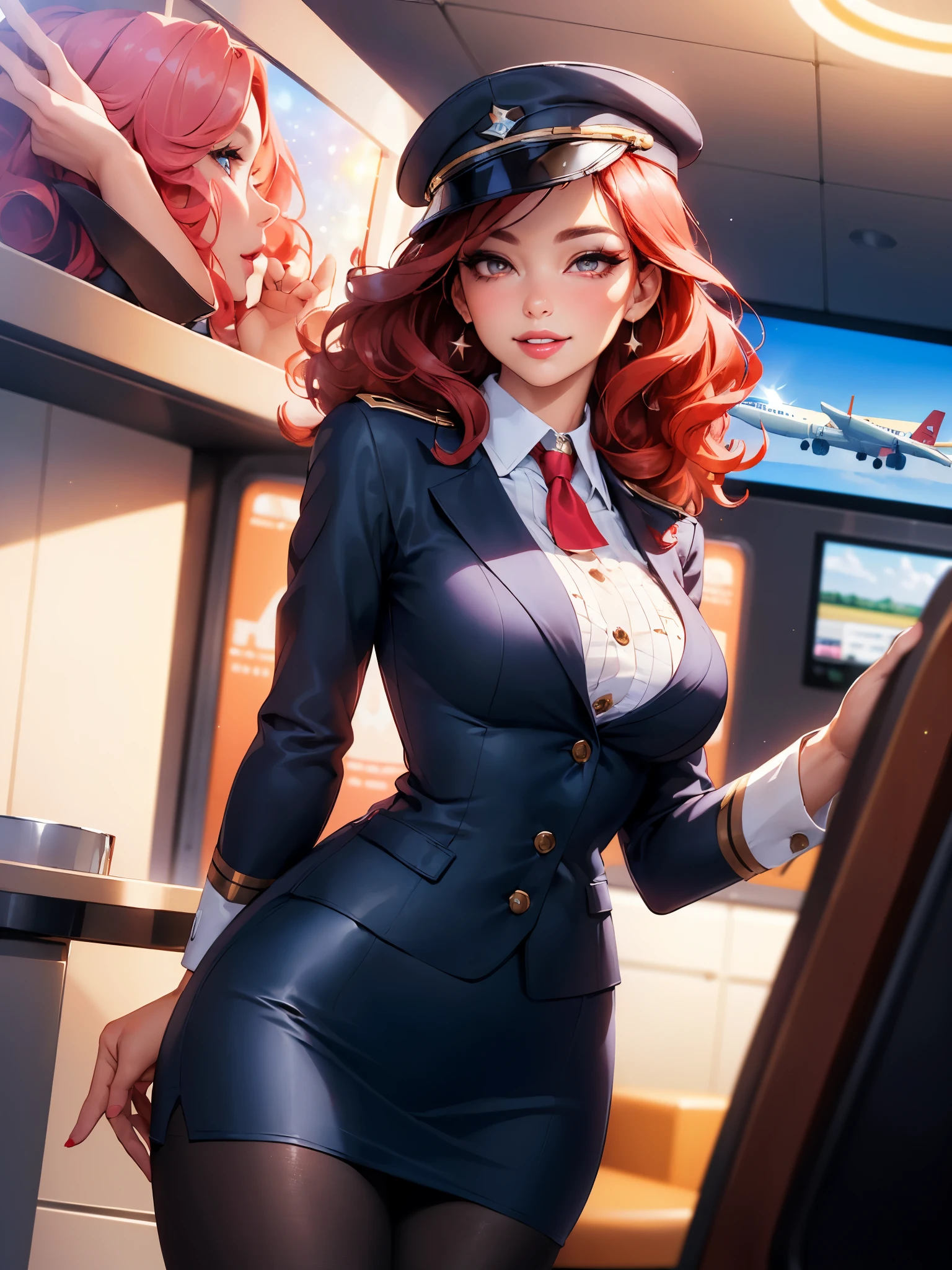 (masterpiece, best quality:1.4), ultra-detailed, finely detailed, intricate details, smooth lighting, (depth of field, cowboy shot), realistic, perfect female form, flirty, teasing, stewardess, standing, (perfect face, detailed face), pink lips, glossy lips, eyeliner, blush, makeup, (expressive eyes), (red hair, curly hair), (natural breasts), curvy body, enchanting smile, (flightattendantuniform, black pantyhose), (pilot cap), (airport, lounge), matching shoes, diffraction spikes, light particles