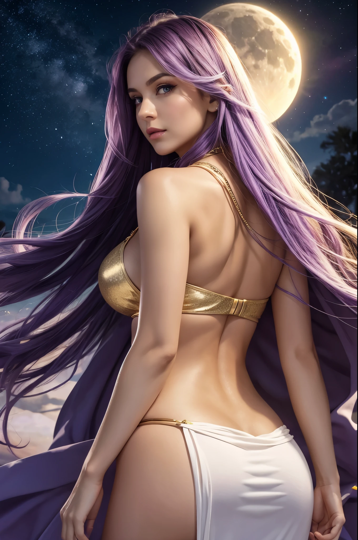 one American girl, realistic green eyes, long light purple lilac hair, large tits, large chest, cleavage, draped in white fabric with gold accessories, gold jewelry, high cheekbones, close up, masterpiece, best quality, looking at viewer from behind over the shoulder, plump lips, oriented to the left,  purple starry sky with close up bright large full moon centered behind woman, zoomed out, full body