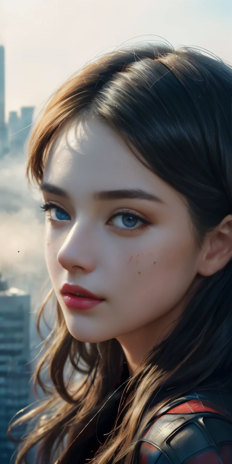 (1girl:1.3), Solo, (((Very detailed face)))), ((Very detailed eyes and face)))), Beautiful detail eyes, Body parts__, Official art, Unified 8k wallpaper, Super detailed, beautiful and beautiful, beautiful, masterpiece, best quality, original, masterpiece, super fine photo, best quality, super high resolution, realistic realism, sunlight, full body portrait, amazing beauty, dynamic pose, delicate face, vibrant eyes, (from the front), She wears Spider-Man suit, red and black color scheme, spider, very detailed city roof background, rooftop, overlooking the city, detailed face, detailed complex busy background, messy, gorgeous, milky white, highly detailed skin, realistic skin details, visible pores, clear focus, volumetric fog, 8k uhd, DSLR, high quality, film grain, fair skin, photo realism, lomography, futuristic dystopian megalopolis, translucent