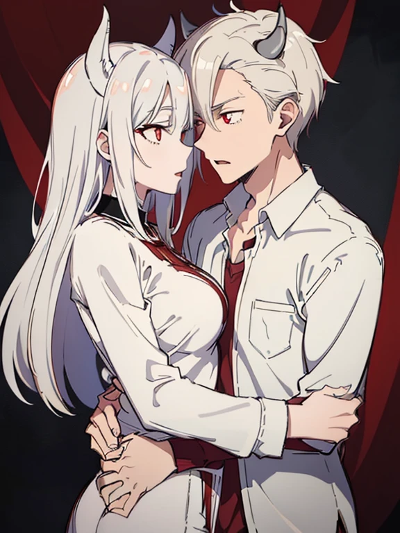 (best quality, highres, ultra-detailed:1.2), realistic, painting, detailed faces, couple, man demon horns pale skin, short white hair, red eyes, casual clothing, woman fox pale skin, long silver hair, red eyes, casual clothing, fox-like appearance