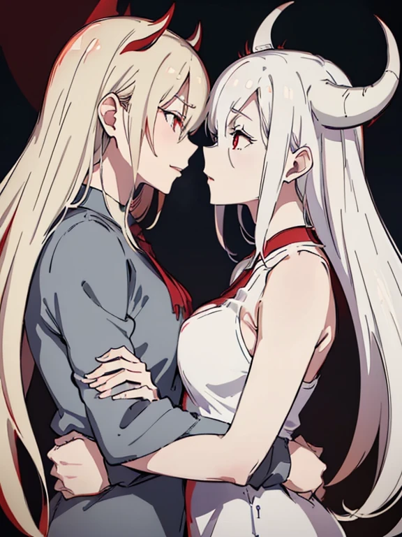 (best quality, highres, ultra-detailed:1.2), realistic, painting, detailed faces, couple, man demon horns pale skin, short white hair, red eyes, casual clothing, woman fox pale skin, long silver hair, red eyes, casual clothing, fox-like appearance