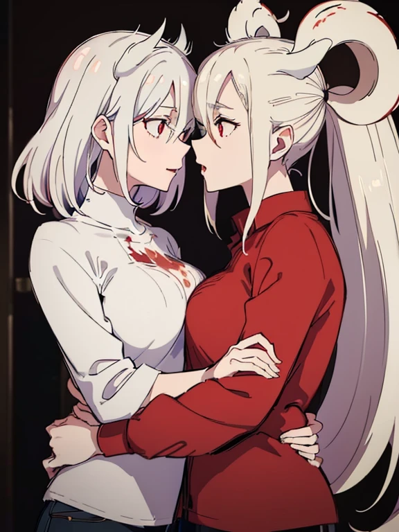 (best quality, highres, ultra-detailed:1.2), realistic, painting, detailed faces, couple, man demon horns pale skin, short white hair, red eyes, casual clothing, woman fox pale skin, long silver hair, red eyes, casual clothing, fox-like appearance