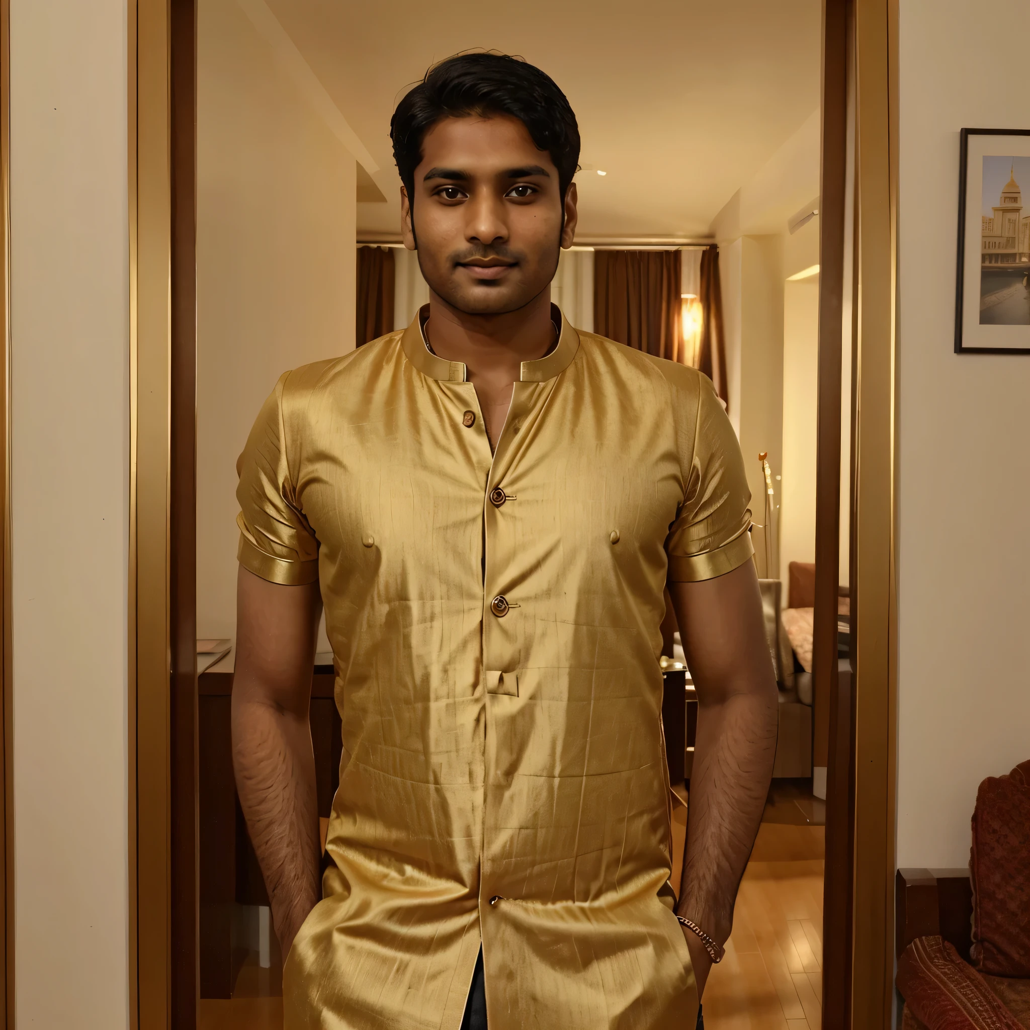 A 28 year old indian guy in the middle of the frame, looking at a viewer,front view, wide portrait photo view, rich , high quality and premium cloth, happy and attitude. Attractive, golden apartment in background, portrait view.