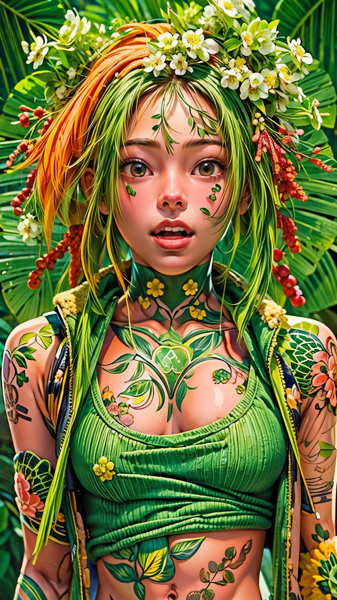 (1 open-faced girl, very cute). (green:1.5, orange:1.1, white:1.3, yellow:1.3), (very sexy female rapper with dreadlocks), (tattoos), (naked body parts), (down jacket: 1 ,2), (Naked jacket, thong, shorts, short T-shirt). (fractal, cherry blossoms, green leaves, fog, circles background).