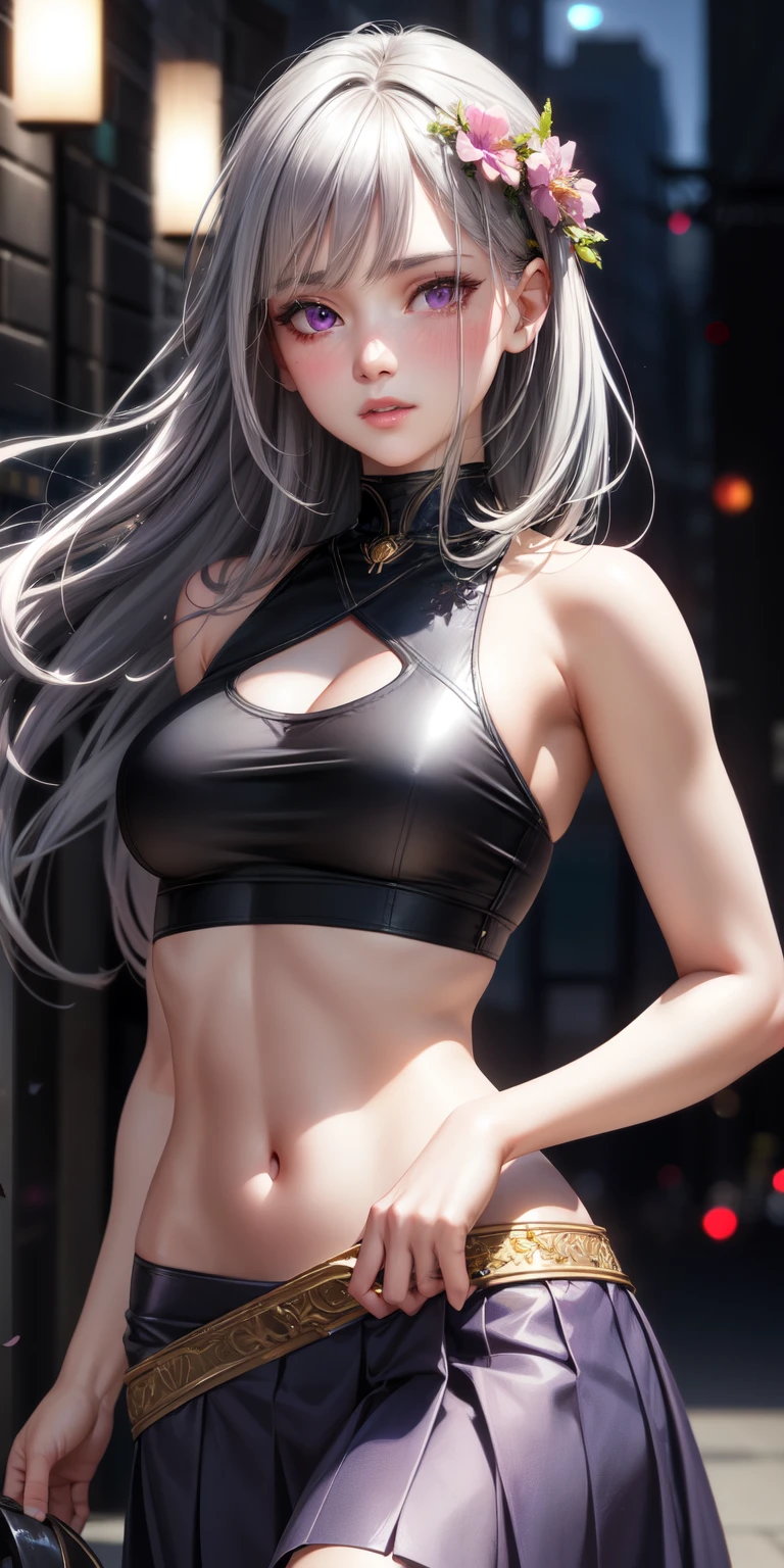 realistic, 1 girl, gray hair, purple eyes, shining eyes, crop top, skirt, parted lips, blush, night, flowers, sun, sunlight,