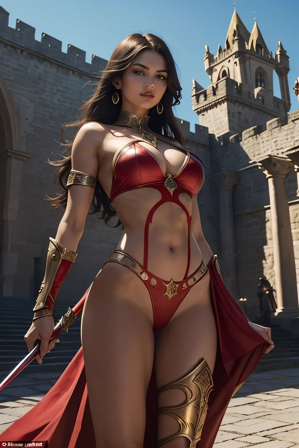A stunningly beautiful woman, clad in a skimpy warrior outfit that leaves little to the imagination, stands proudly in the center of a grand castle courtyard. Her sleek red armor showcases her narrow waist and shapely curves, accentuating her hourglass figure. In one hand, she wields a gleaming spear, ready for battle. The dynamic lighting casts sharp shadows across her toned physique, creating a sense of depth and movement. Her fiery red navel piercing glints under the intense light, adding a touch of allure and mystique. The castle in the background is highly detailed, with intricate stonework and flags fluttering in the wind. The overall