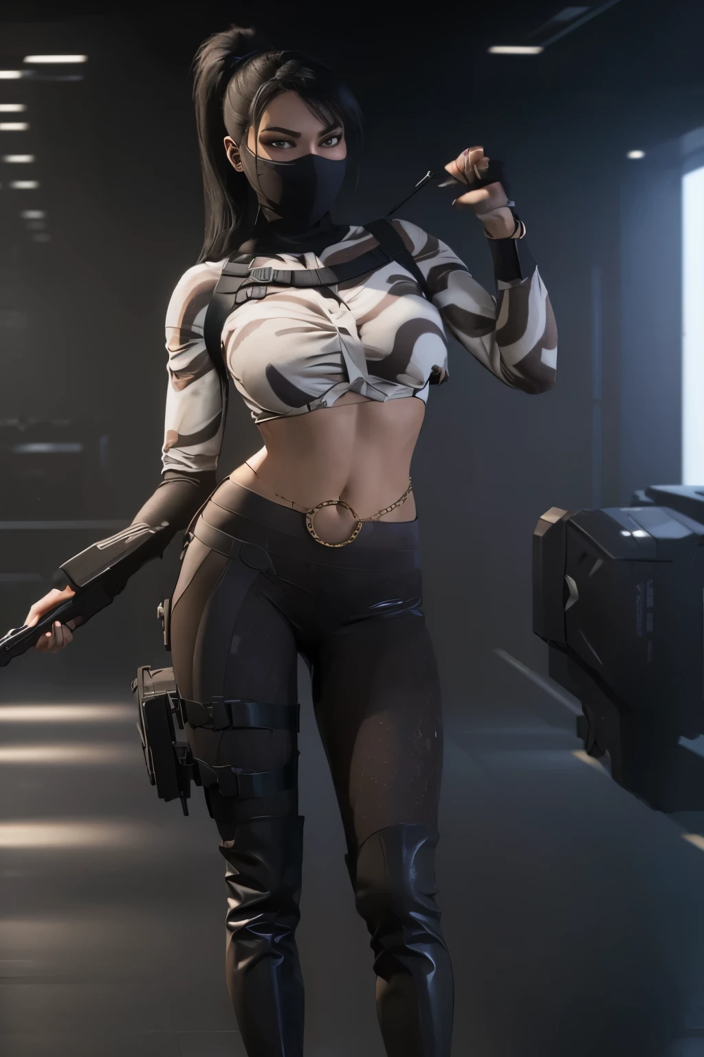 (full body portrait, 1 girl, looking at viewer, highly detailed, anatomy correct:1.4), tactical gear, coffee knee boots, (athletic body:1.3), coffee leggings, jewelry, ponytail hair, balaclava mask, ((Best quality, masterpiece, Very beautiful woman)), Depth-of-field, Multi-layered textures, HDR (High Dynamic Range), Ray Tracing, NVIDIA RTX, Unreal 5, Subsurface scattering, PBR Texturing, Post-processing, Anisotropic Filtering, Maximum clarity and sharpness, Wide aperture, Low ISO, White balance, Rule of thirds, 8K RAW, (extremely slutty), (Highly realistic skin), sharp image, (extremely high quality artwork),