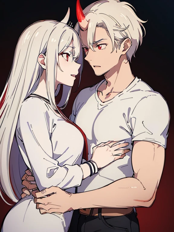 (best quality, highres, ultra-detailed:1.2), realistic, painting, detailed faces, couple, man demon horn pale skin, short white hair, red eyes, casual clothing, woman fox earl pale skin, long silver hair, red eyes, casual clothing, fox-like appearance