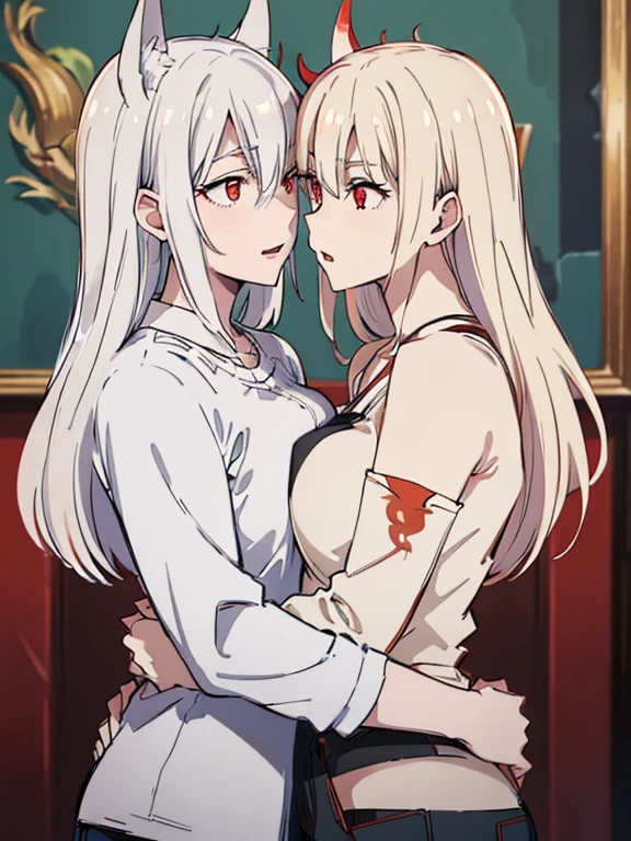 (best quality, highres, ultra-detailed:1.2), realistic, painting, detailed faces, couple, man demon horn pale skin, short white hair, red eyes, casual clothing, woman fox earl pale skin, long silver hair, red eyes, casual clothing, fox-like appearance