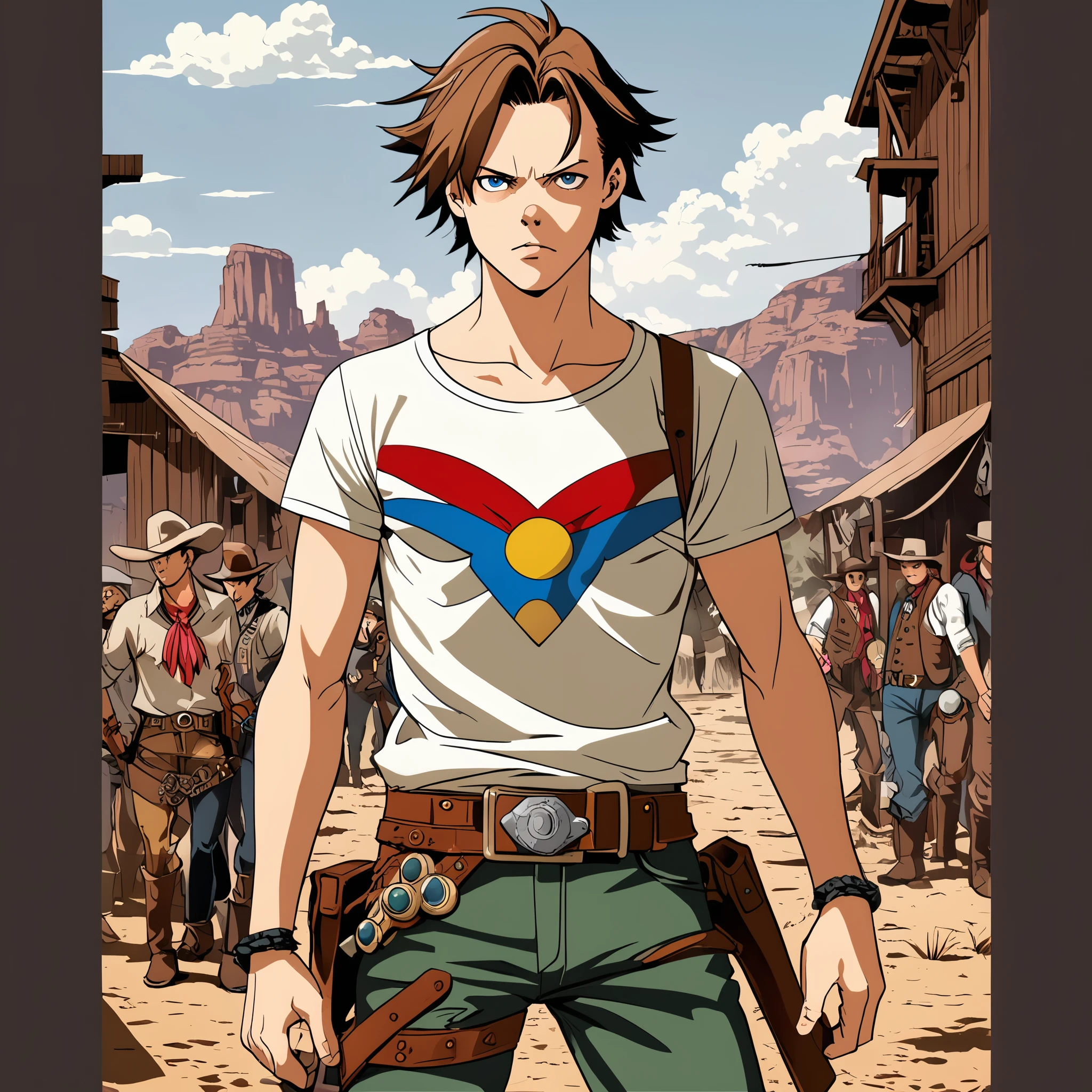 Bill Skarsgård in the Wild Wild West t-shirt print (textura da pele), intrinsecamente detalhado, detalhes finos, hiperdetalhado, rastreamento de raio, underground dispersal, soft diffused lighting, profundidade superficial de campo, por (Oliver Wetter)
 trends at cgsociety, intricado, Alto detalhe, sharp focus, dramatic,arte de qualidade 8k estilo anime Akira toriyama, detalhado,pose de cowboy , sem camisa corpo malhado, vetor flete 2D, SVG