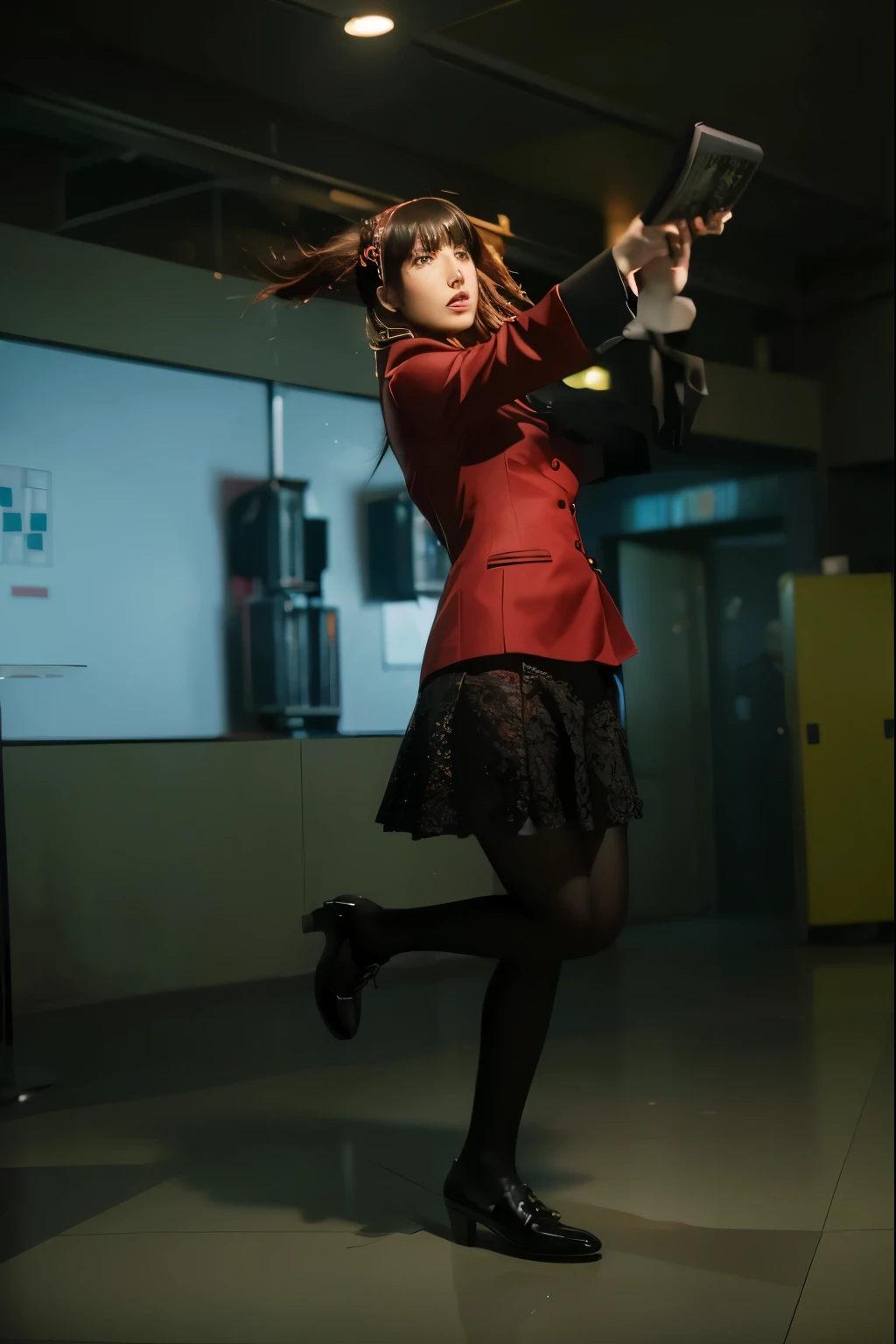 (Best quality, 8k, 32k, Masterpiece, UHD:1.2), (Best quality, 8k, 32k, Masterpiece, UHD:1.2), "Transform the image into the iconic Hyakkaou Private Academy School from the manga and anime series 'Kakegurui – Compulsive Gambler.'
Set the scene inside the prestigious academy, capturing its opulent and sophisticated atmosphere. Depict grand architecture with marble floors, towering columns, and ornate chandeliers adorning the ceilings.
Showcase the main hall of the academy, where high-stakes gambling matches take place among the students. Illustrate sleek gambling tables surrounded by students dressed in their distinctive school uniforms, exuding confidence and intensity as they engage in thrilling games of chance.
Include prominent characters from 'Kakegurui – Compulsive Gambler,' such as Yumeko Jabami and the student council members, each displaying their unique personalities and quirks.
Incorporate dynamic lighting to enhance the dramatic ambiance of the gambling hall, with spotlights illuminating the action and casting dramatic shadows across the scene.
Capture the tension and excitement of the gambling matches, portraying intense facial expressions, body language, and gestures as the characters strategize and compete against each other.
Finally, convey the underlying theme of power, ambition, and intrigue that defines life at Hyakkaou Private Academy, immersing viewers in the captivating world of high-stakes gambling and cutthroat competition."