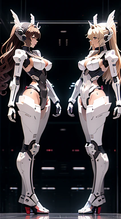 masterpiece,
 high quality,
 Two Robot Girls,
 duo,
 Both of them from the neck down、金colorの内部骨格剥き出し,
 Both of them are bare except for their faces.,
 Both of them are floating,
 brown hair,
 blonde hair,
 curly hair,
 hairstyle that suits you,
 ヘーゼルcolorの目,
 medium size bust,,
 neither of them are wearing clothes,
 sexy ,
 Everything is mechanical except for the face.,
 Both have exposed internal skeletons,
 Both of their feet are like airplane wings., 
 smile, flat_color, seductive pose, duo pose
 右の女性には男性の性器が生えている