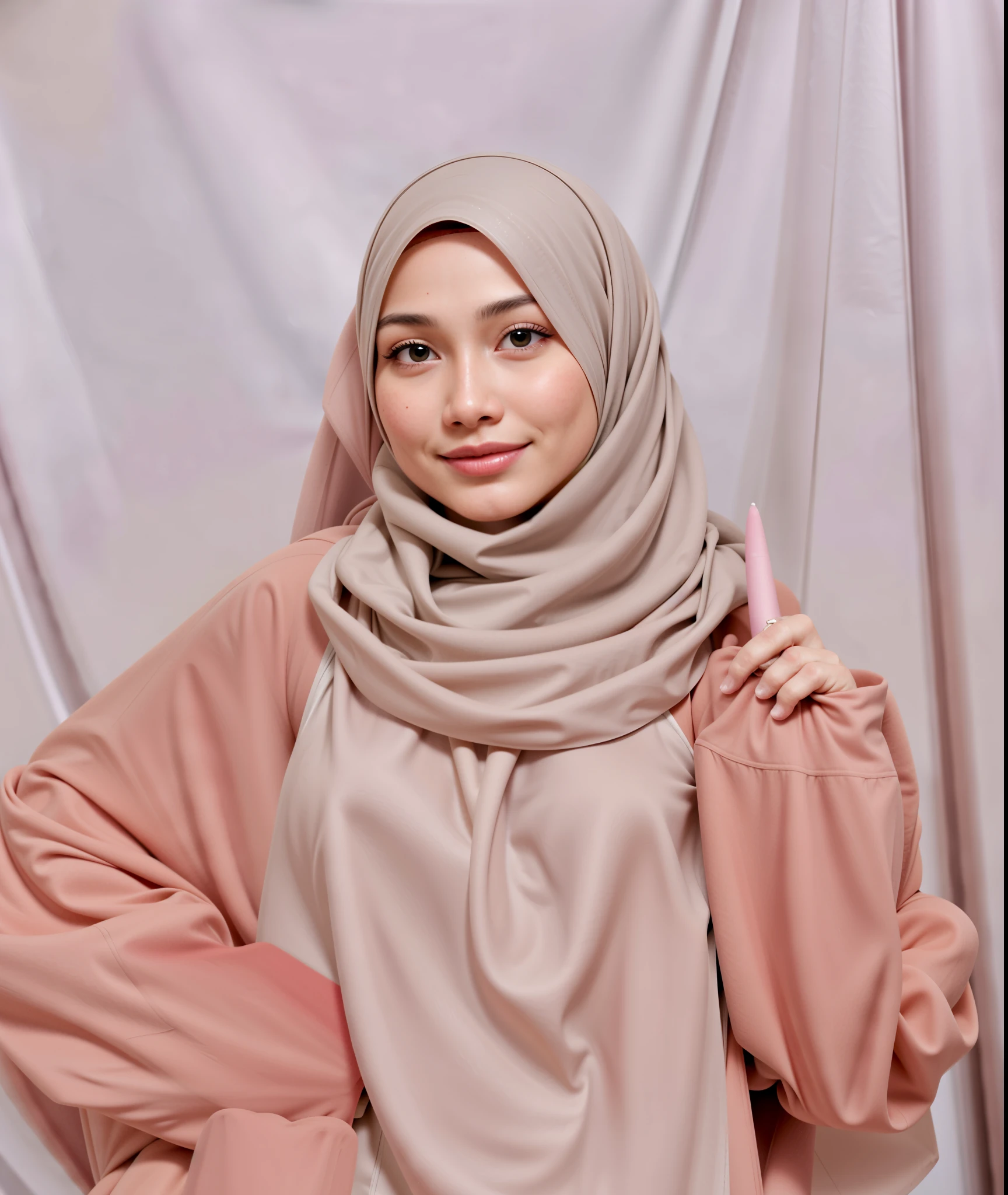 masterpiece, (ultra-high-definition portrait, vignet:1.4), Realistic, extremely detailed, CG unified, 8k, Clean lines, highly detailed, High-definition, raw color photos, Realistic portrait, Cinematic Light, Beautiful detailed, (1hijabgirl, indonesian:1.5), (165cm tall, big breasts with lips like she wants to kiss:1.5), Beautiful big breasts, breasts details, very tight, (Biggorgeous breast, Smile:1.5), (Soft smiling, Big Breast:1.4), Close up of a girl in Beautiful clothes with errected nipple, biggorgeous breast, Smiling, scarf, (Bombastic Side Eyes with curvaceous body:2), pose 4 of 1 6, Undress, No bra, (nipples that are clearly sticking out detail:1.2), Outdoors, high intricate detailed.