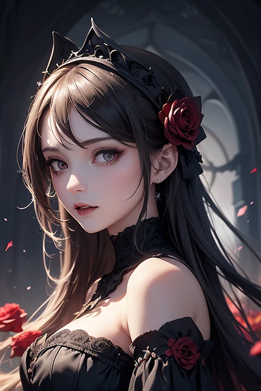 (Masterpiece, Best Quality, Realism: 1.37), (Complex and Delicate, Highly Detailed Skin and Face), Beautiful Vampire Queen Suite in Black Dress, Wrapped in Luxurious Dark Hooded Robe, Dark Rose and Skull Adorning Her Fabric, Gothic Style, Dark Wind, (Headdress, Rose, Skull Decoration, Red, Dark Color), Red Eyes, Cinematic Soft Lighting, 8k Wallpaper, Unity, ArtStation, High Resolution CG