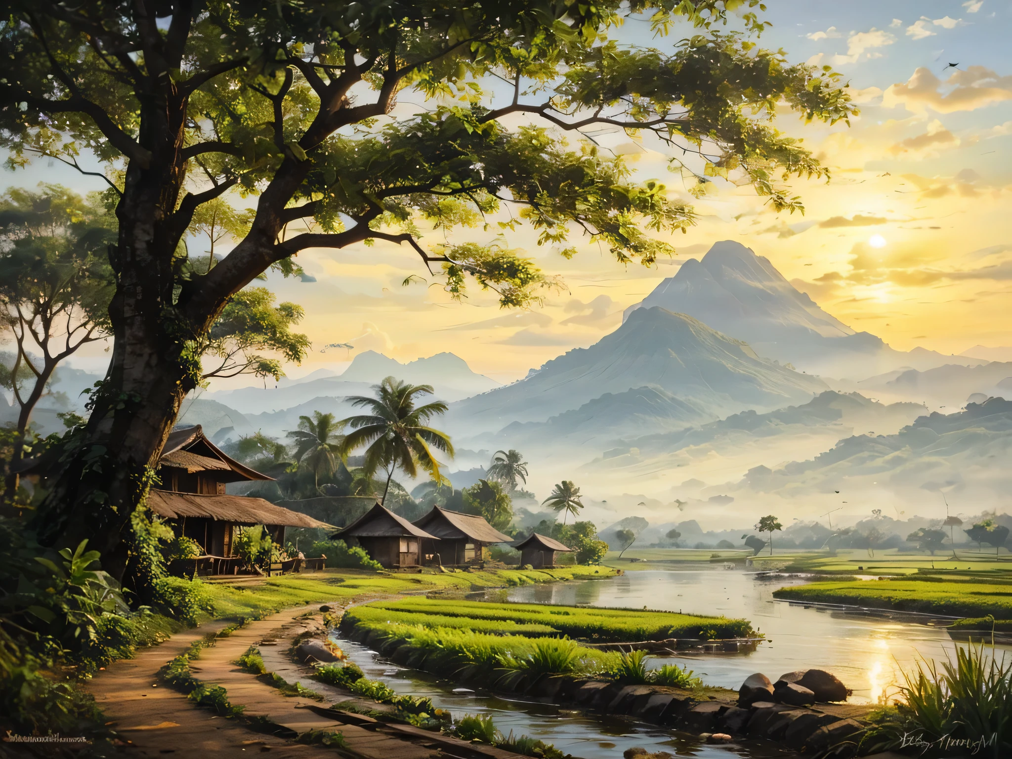 Pemandangan di Jawa barat tahun 1800, rumah kayu sederhana di tepi sungai yang deras berbatu yang air nya biru. banyak rumpun bambu besar, pohon-pohon tropis besar dan lebat, foliage yang rimbun, bark, ada pohon yang mati, ada daun yang menguning. latar belakang gunung berapi berkabut, cahaya matahari yang dramatis, muted pallete color.