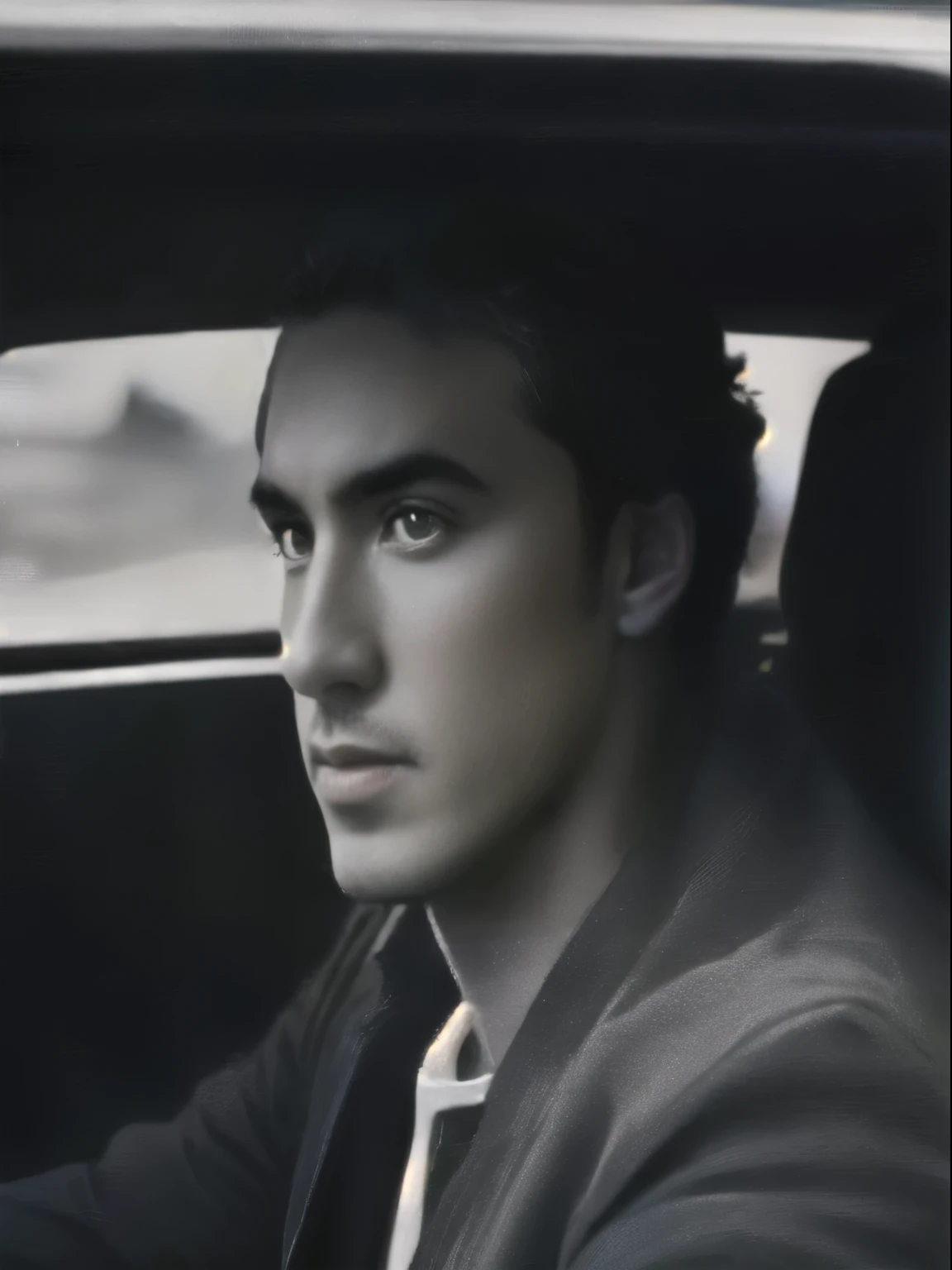Make this person into a superhero with cape. Batman man sitting in a car looking out the window, kyle hotz, promo shot, inspired by Alexander Fedosav, raphaël, benjamin vnuk, steven meisel, in profile, ed hopper, handsome man, promo art, enes dirig, joe taslim, close - up portrait shot, editorial photograph, michal mraz, alejandro