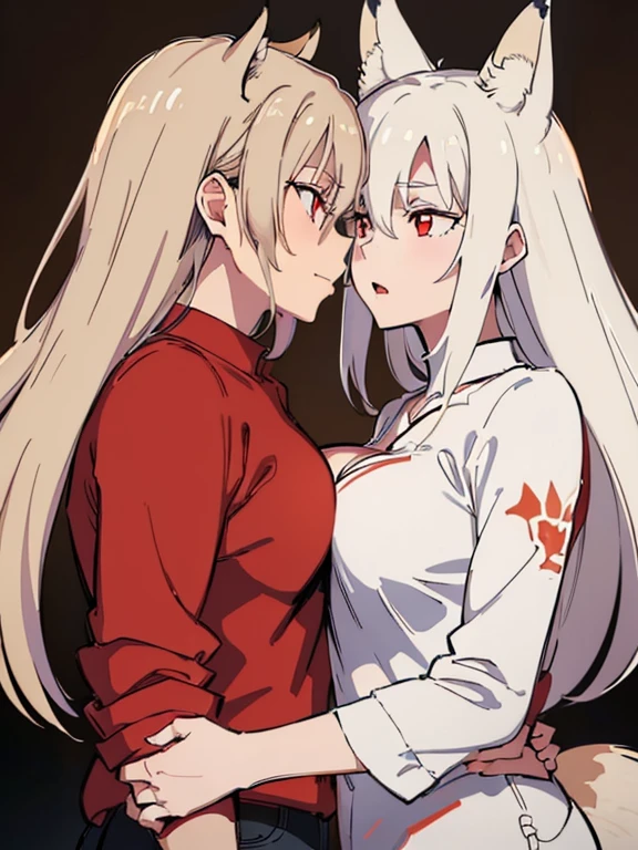 (best quality, highres, ultra-detailed:1.2), realistic, painting, detailed faces, couple, man Fox earl  pale skin, short white hair, red eyes, casual clothing, woman fox earl pale skin, long silver hair, red eyes, casual clothing, fox-like appearance