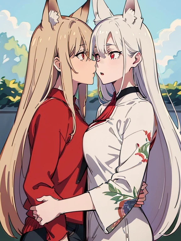 (best quality, highres, ultra-detailed:1.2), realistic, painting, detailed faces, couple, man Fox earl  pale skin, short white hair, red eyes, casual clothing, woman fox earl pale skin, long silver hair, red eyes, casual clothing, fox-like appearance