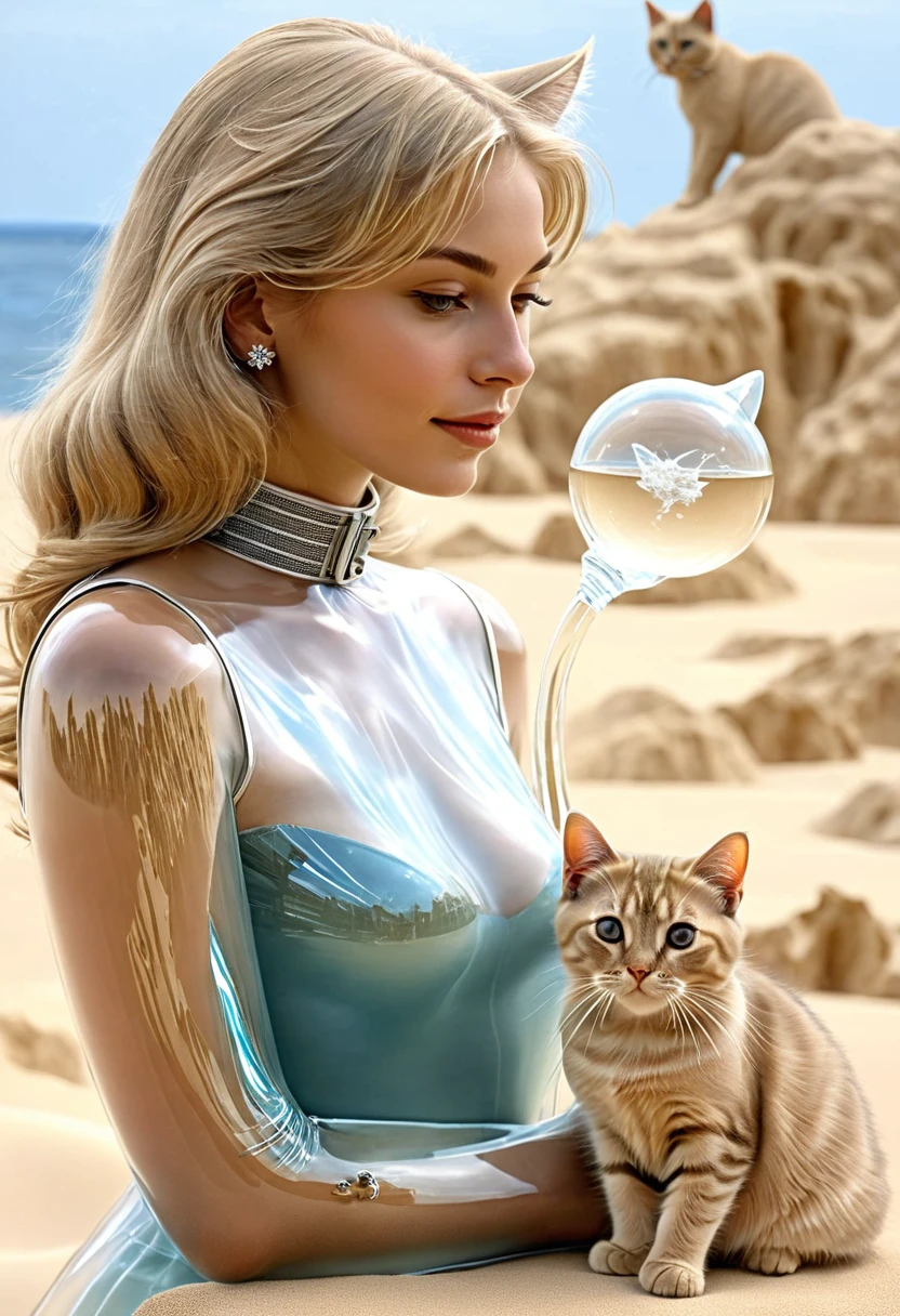 une femme diaphane et transparente se promène avec son chat de sable sur l épaule dans un décor de sciences fiction. 