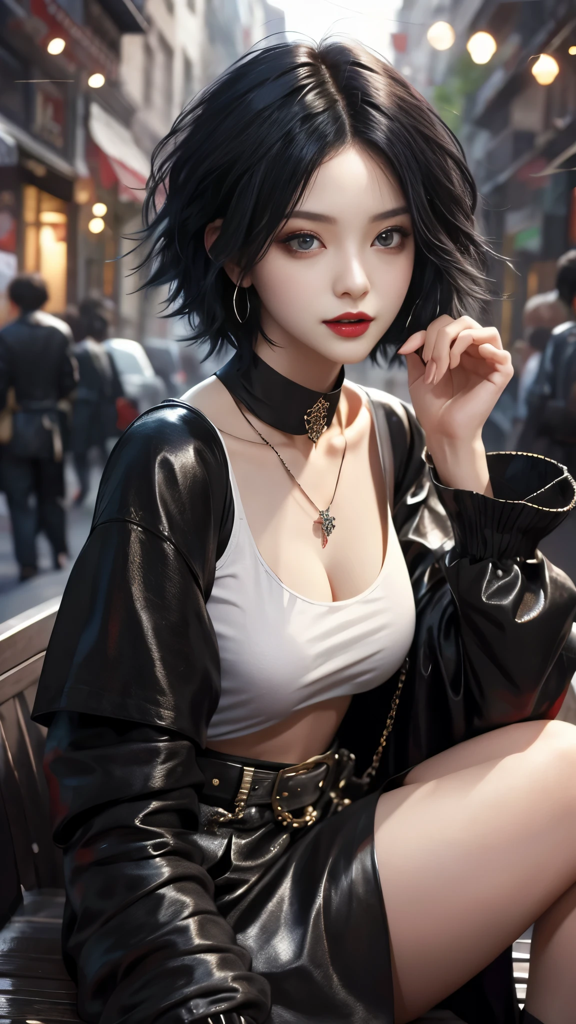 ​masterpiece, top-quality, ((1womanl)), different black color, finely eye and detailed face, intricate detailes, Casual black and white attire, window, A smile, Happiness, tenderness, high-level image quality、selfee, Beautuful Women、tall、a small face, D-cups, The upper part of the body、nightfall, nighttime scene、𝓡𝓸𝓶𝓪𝓷𝓽𝓲𝓬、Korea person, Idol Photos, Model photo, k pop, Professional Photos, Vampires, Korean fashion in black and black, Fedoman with necklace, inspired by Sim Sa-jeong, androgynous vampire, :9 detailed face: 8, extra detailed face, detailed punk hair, ((eyes are deialed)) baggy eyes, Seductive. Highly detailed, semi realistic anime, Vampires, hyperrealistic teen, Delicate androgynous princess, imvu, ((short hair woman)), black hair woman with wild look, ((Woman with short black hair)), ((1 persons)), sitting,