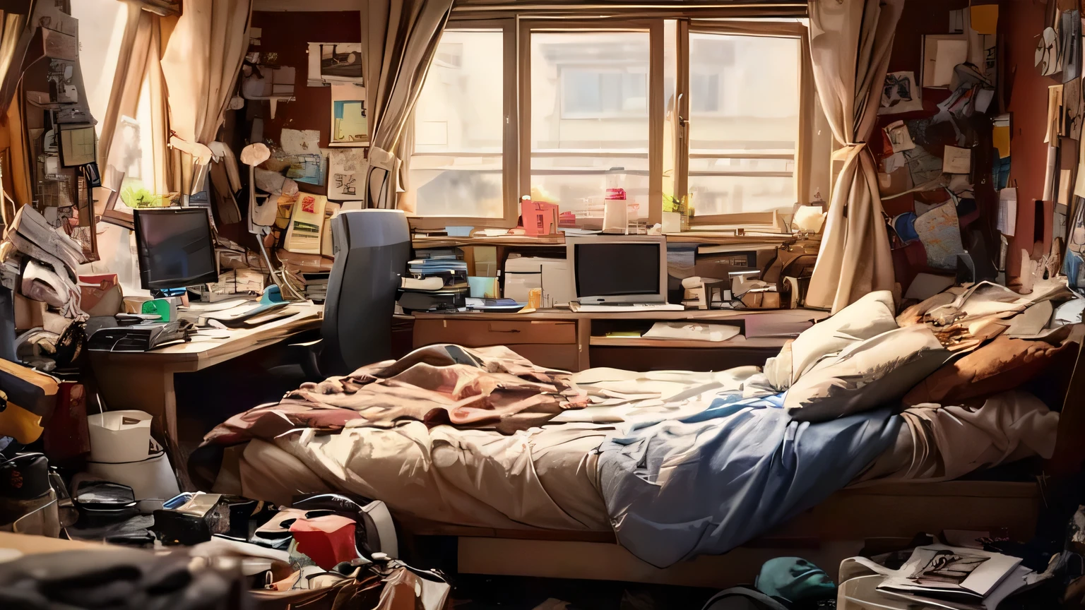 there is a messy bedroom with a bed and a desk, messy bedroom, messy room, inside a messy room, inside a cluttered bedroom, chaotic age bedroom, cluttered room, messy bed, personal room background, dirty room, photorealistic room, books messy about the room, dirty apartment, cyberpunk teen bedroom, cluttered medium shot, cluttered