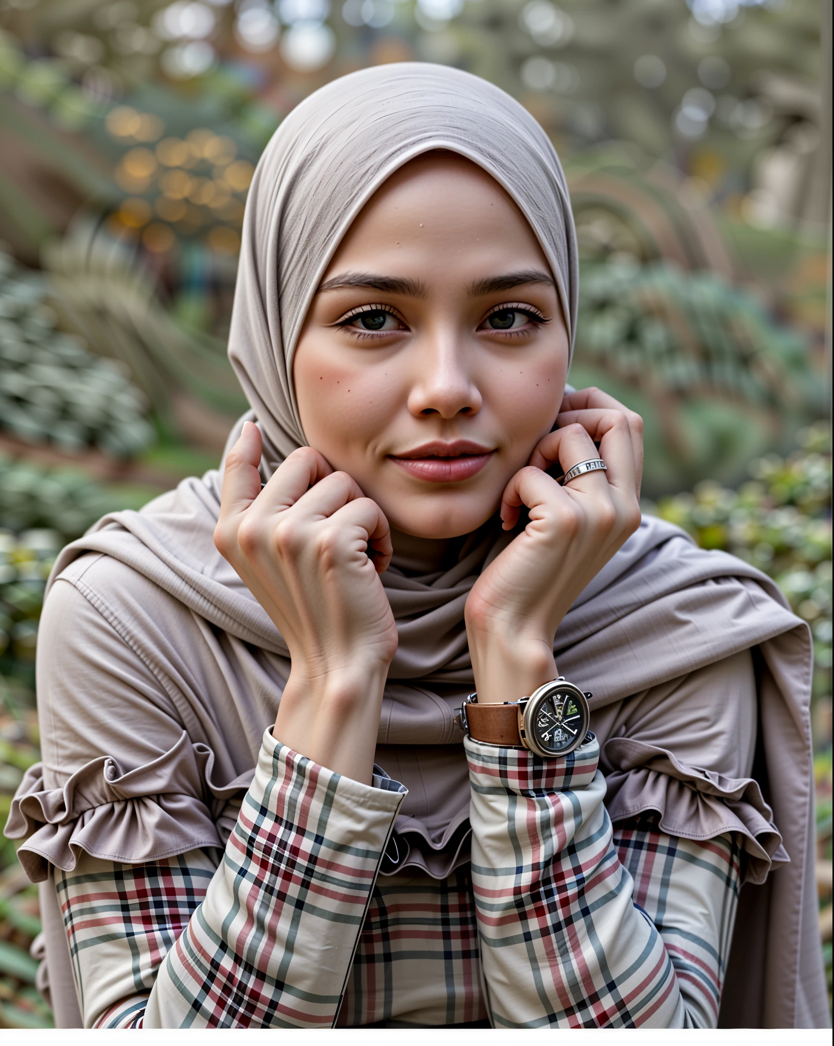 masterpiece, (ultra-high-definition portrait, vignet:1.4), Realistic, extremely detailed, CG unified, 8k, Clean lines, highly detailed, High-definition, raw color photos, Realistic portrait, Cinematic Light, Beautiful detailed, (1hijabgirl, indonesian:1.5), (165cm tall, big breasts with lips like she wants to kiss:1.5), Beautiful big breasts, breasts details, very tight, (Biggorgeous breast, Smile:1.5), (Soft smiling, Big Breast:1.4), Close up of a girl in Beautiful clothes with errected nipple, biggorgeous breast, Smiling, scarf, (Bombastic Side Eyes with curvaceous body:2), pose 4 of 1 6, Undress, No bra, (nipples that are clearly sticking out detail:1.2), Outdoors, high intricate detailed.